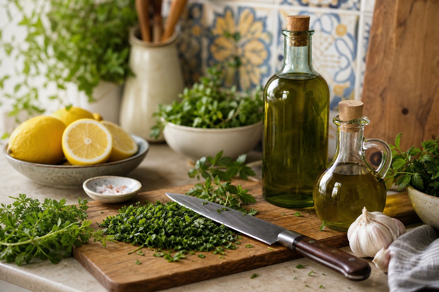 Fresh herbs and lemons being prepped